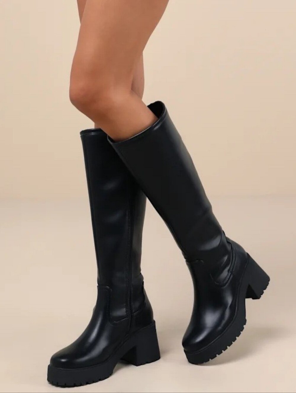 Lulus Whitlie Black Platform Knee-High Lug Sole Boots Size 8